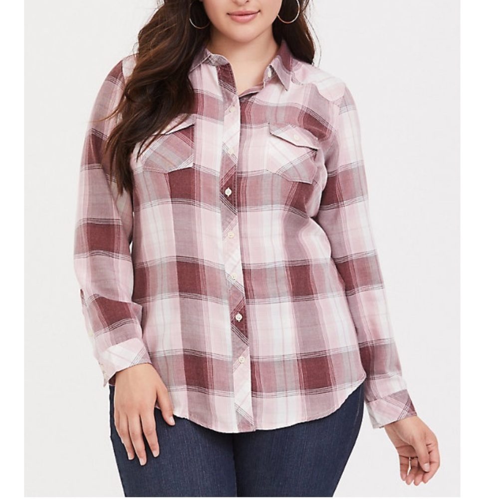 TAYLOR - BURGUNDY RED PLAID BUTTON SHIRT torrid